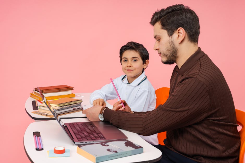 A teacher assists a student in a colorful classroom setting, fostering learning and education.
